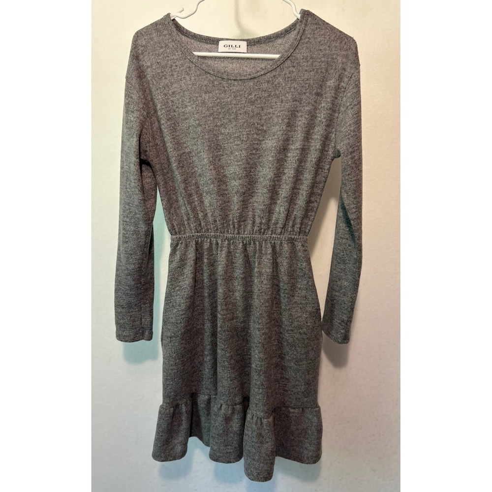 Gilli Womens Gray Long Sleeve Ruffle Hem Sweater Dress with Pockets Size Small